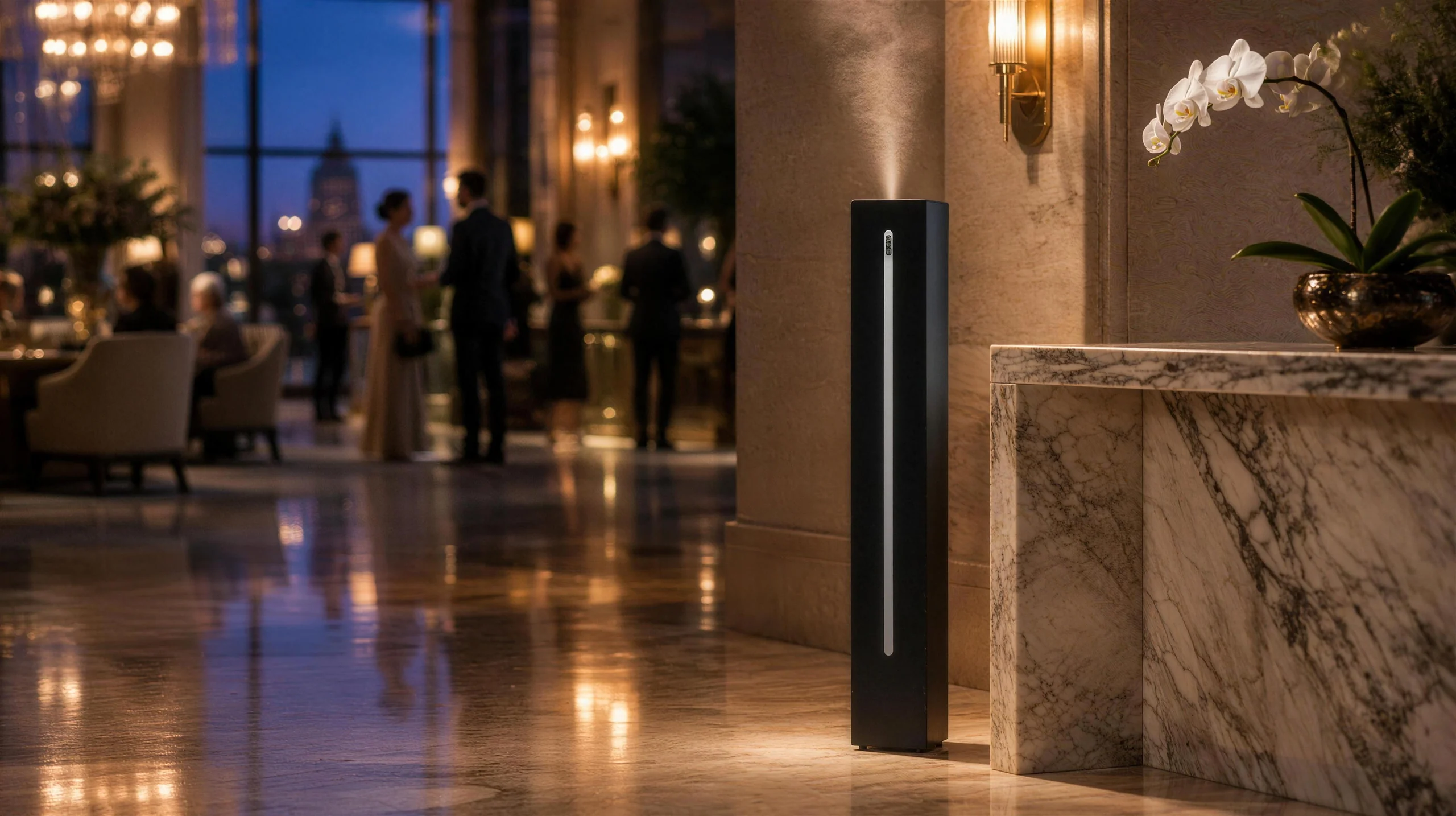 Hall de palace à l’heure bleue, colonne de diffusion SILLAGE près d’une console en marbre