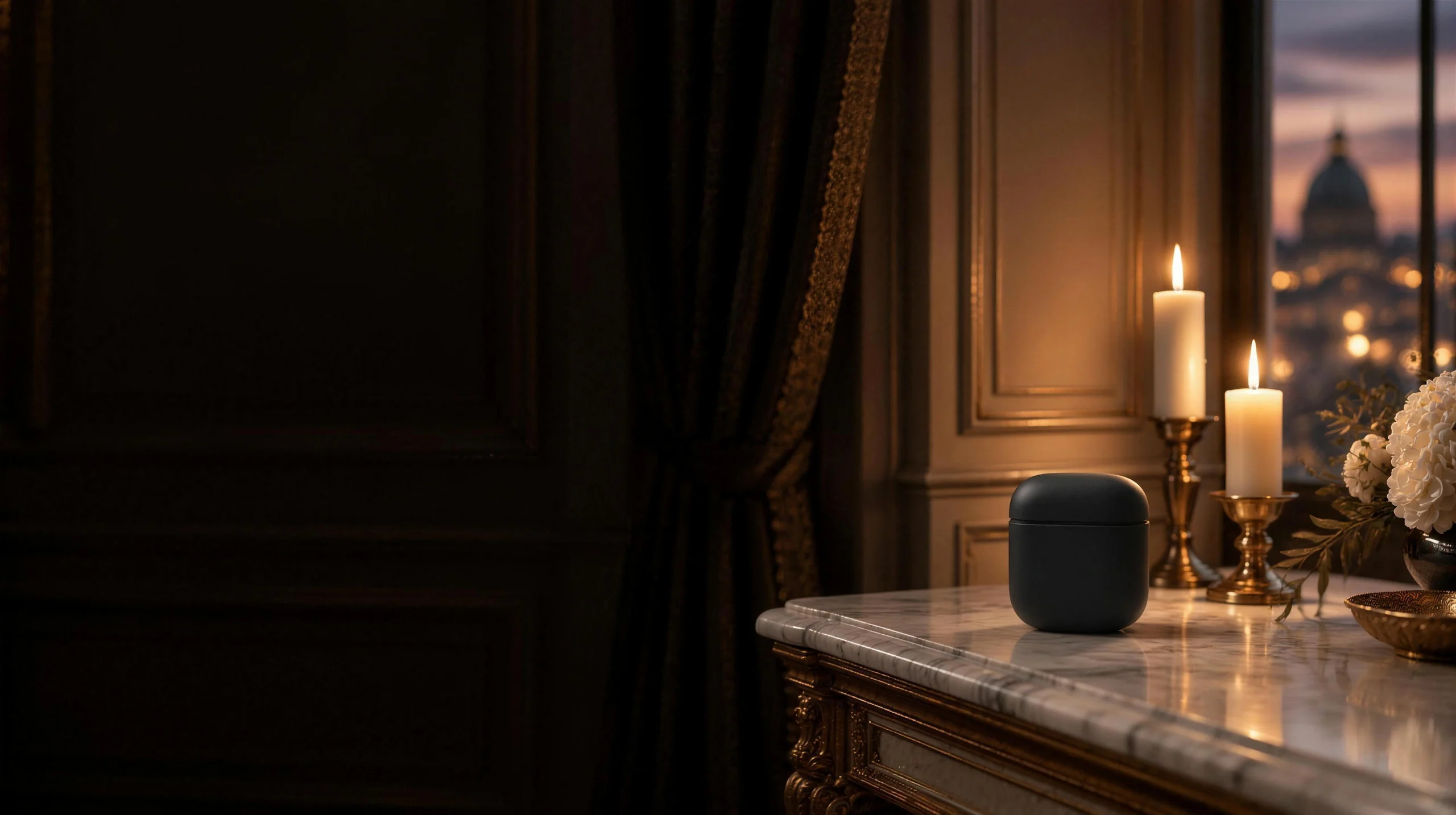 Salon privatisé à la bougie, diffuseur nomade SILLAGE posé sur une console en marbre