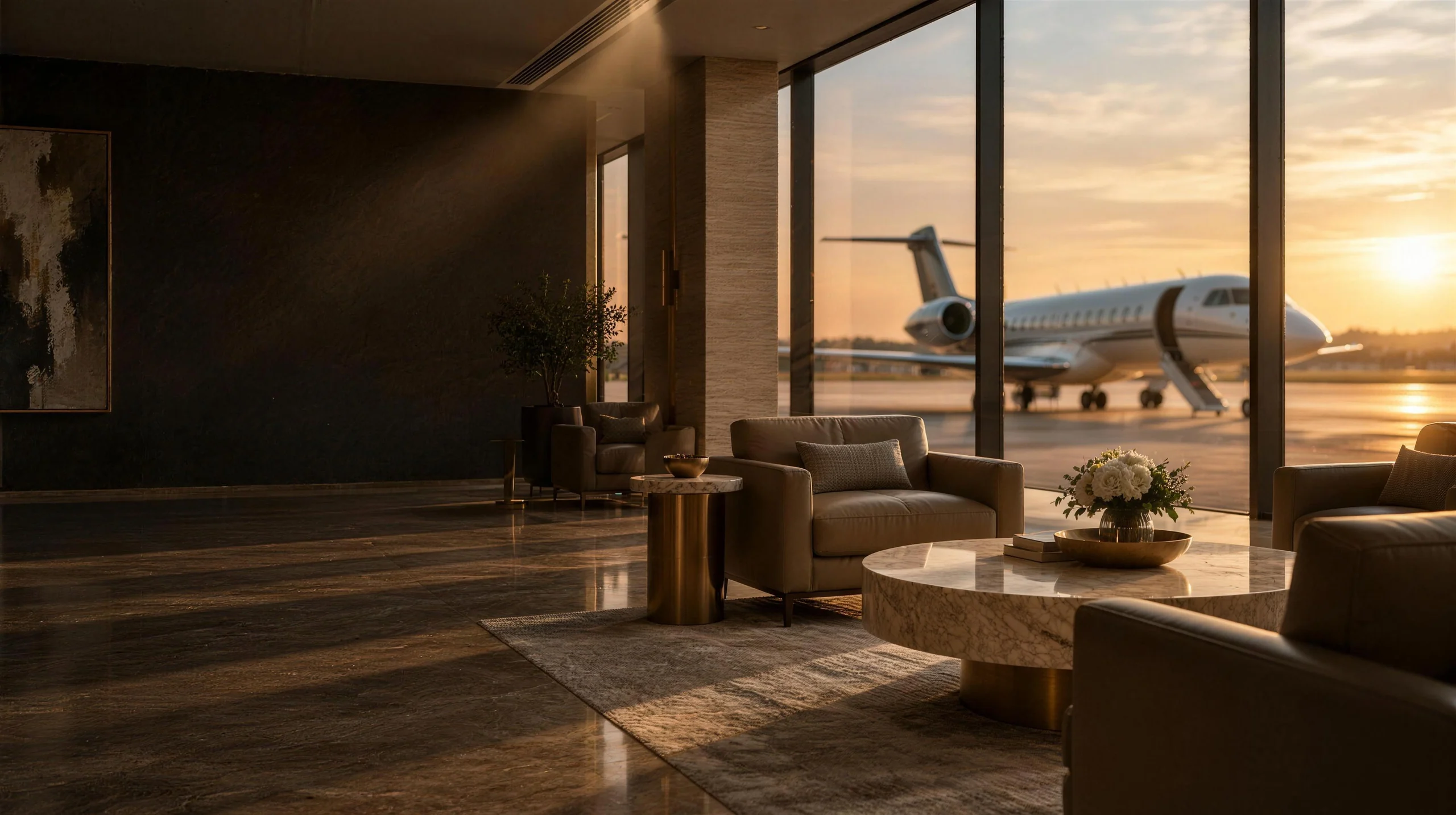 Salon VIP d’aviation d’affaires à l’heure dorée, jet sur le tarmac derrière les baies
