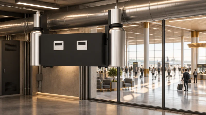 Local technique d’un terminal : diffuseur SILLAGE R·12000 raccordé au réseau d’air, le hall visible derrière la vitre