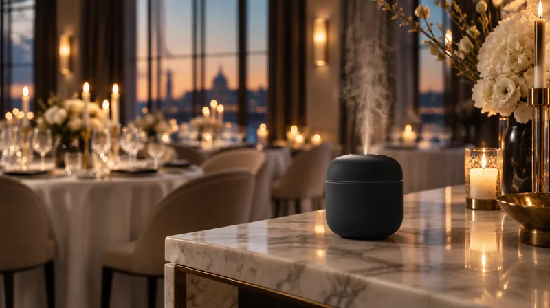 Salon privatisé à la bougie, diffuseur nomade SILLAGE N·300 posé sur une console en marbre